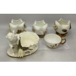 A COLLECTION OF 19TH CENTURY MOORE PORCELAIN TO INCLUDE SET OF THREE POTS, CHERUB FIGURE AND FURTHER