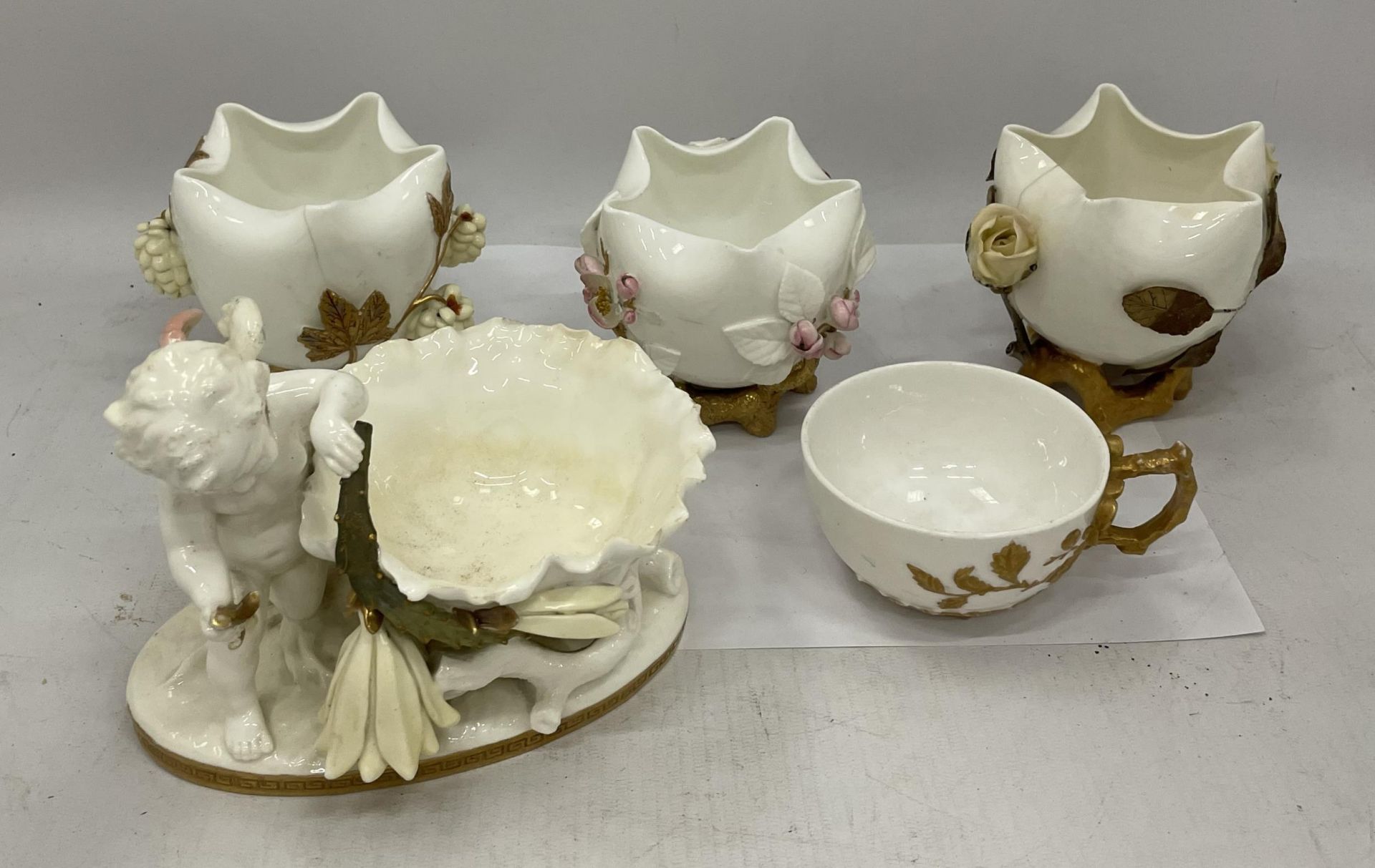 A COLLECTION OF 19TH CENTURY MOORE PORCELAIN TO INCLUDE SET OF THREE POTS, CHERUB FIGURE AND FURTHER