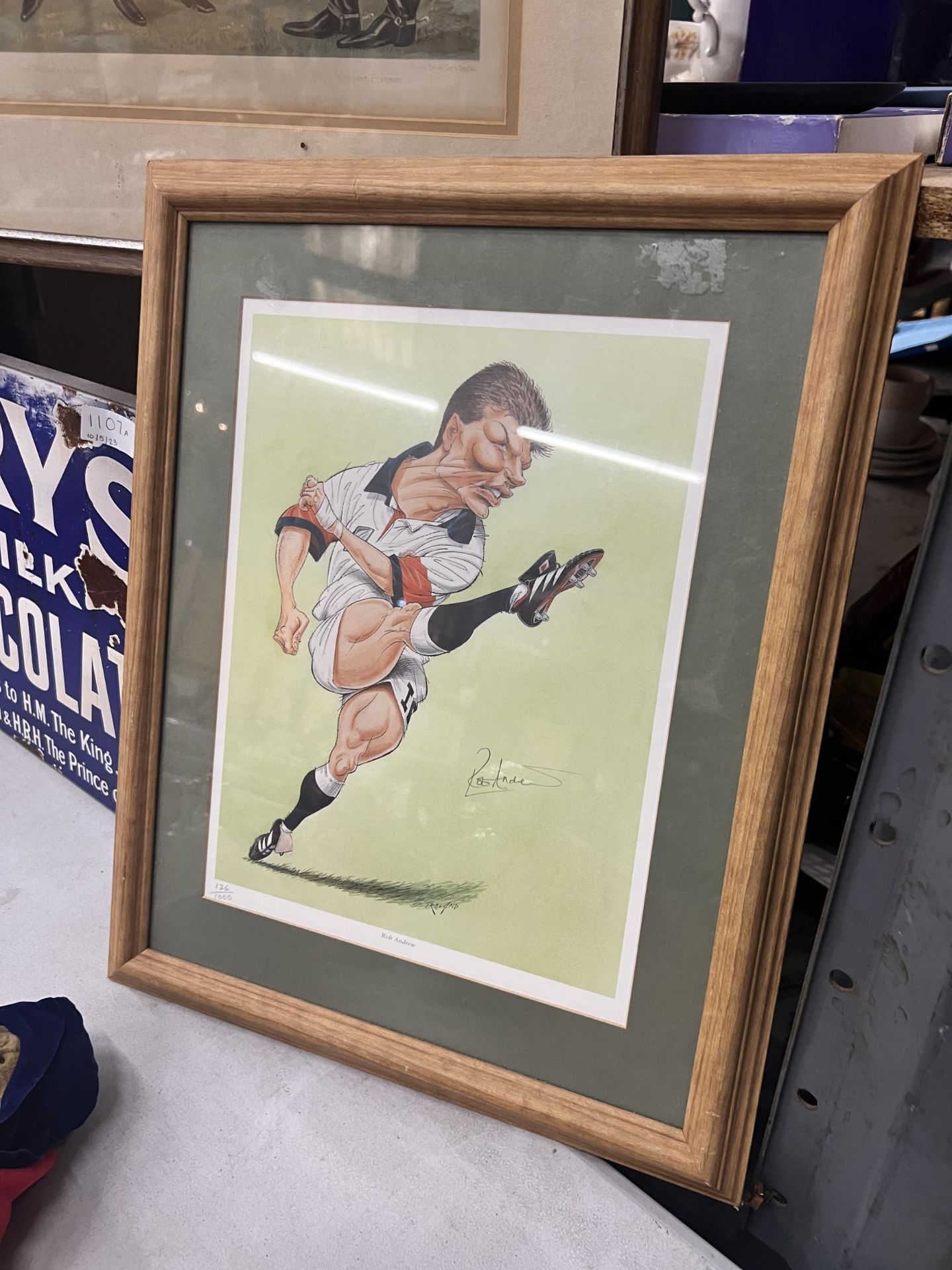 A SIGNED CARICATURE OF RUGBY UNION PLAYER ROB ANDREW, LIMITED EDITION 126/1000