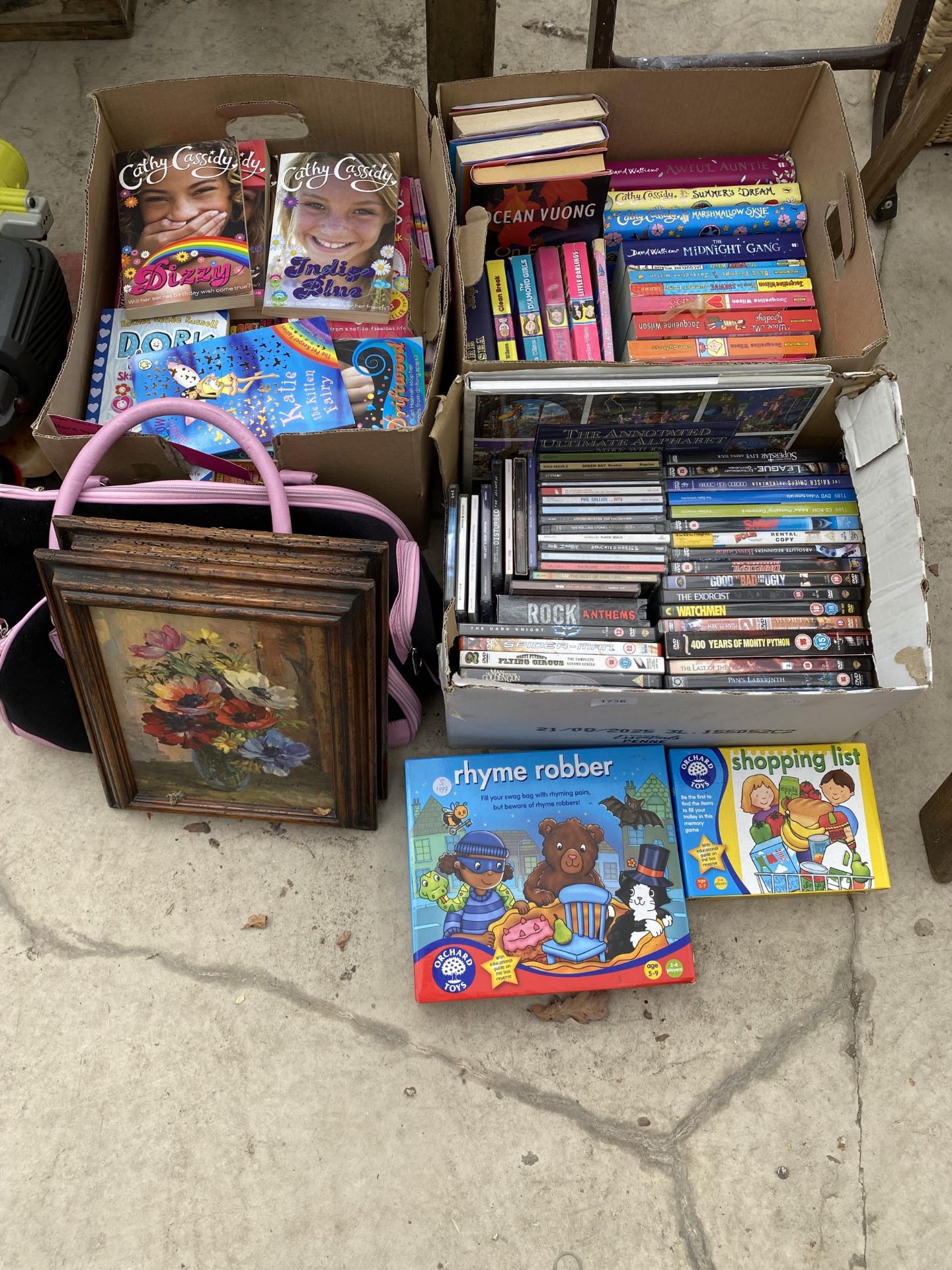 A LARGE ASSORTMENT OF CHILDRENS BOOKS, CDS AND DVDS ETC