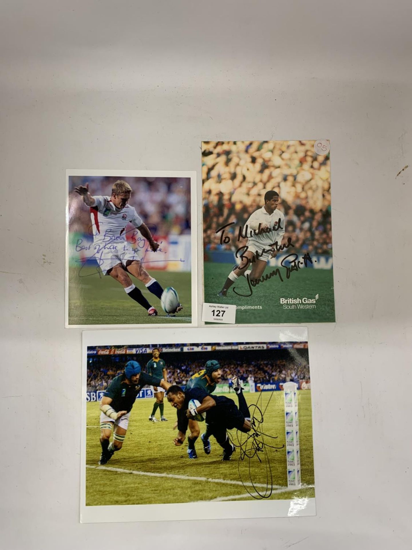 THREE SIGNED PICTURES OF RUGBY UNION PLAYERS - JOE ROKOOKO, JOHNNY WILKINSON AND JEREMY GUSCOTT - NO