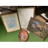 TWO FRAMED PRINTS, ONE OF A HUNT, THE OTHER FLOWERS, A TAPESTRY AND A 3-D PICTURE OF A LADY IN AN