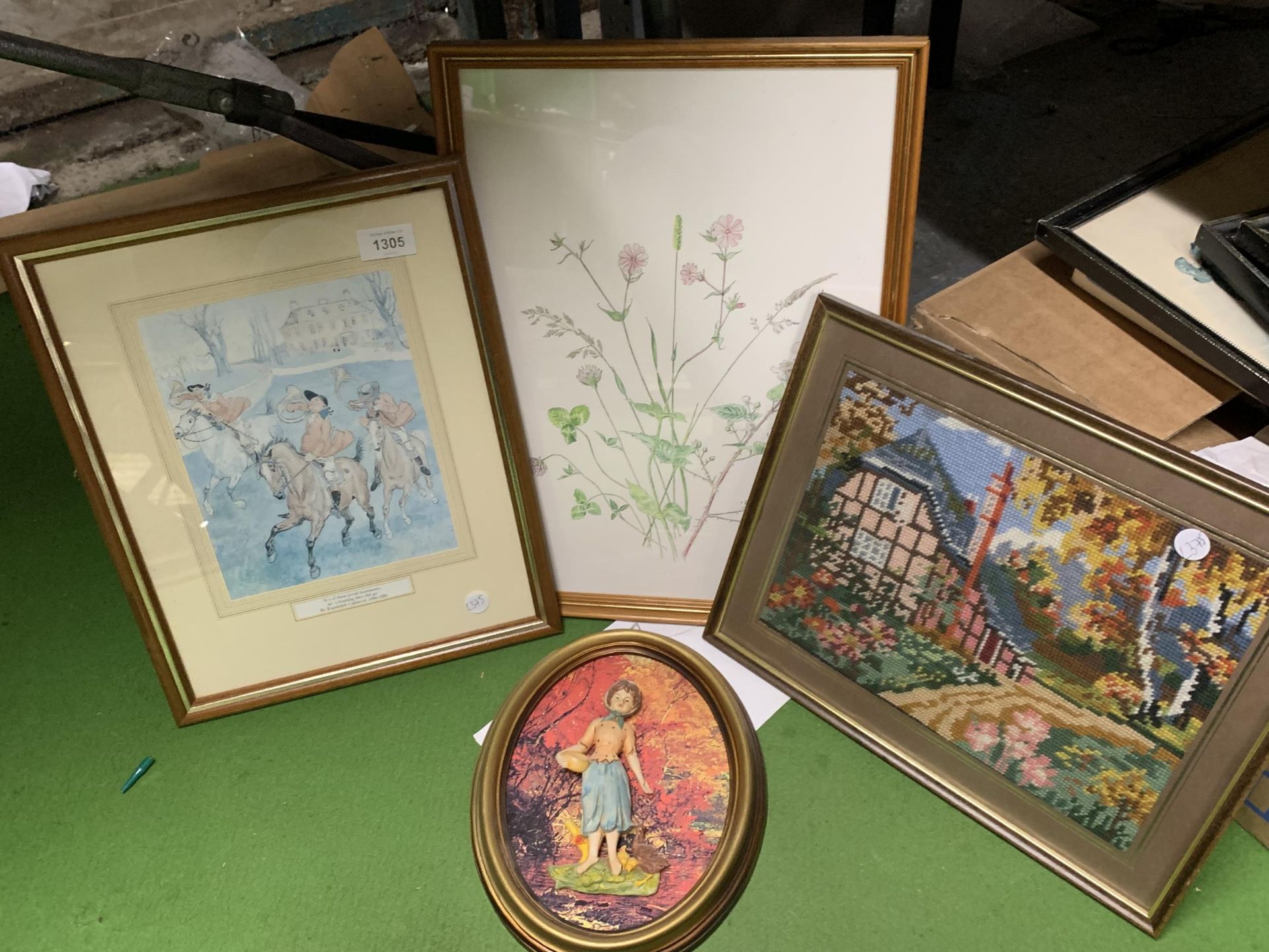 TWO FRAMED PRINTS, ONE OF A HUNT, THE OTHER FLOWERS, A TAPESTRY AND A 3-D PICTURE OF A LADY IN AN