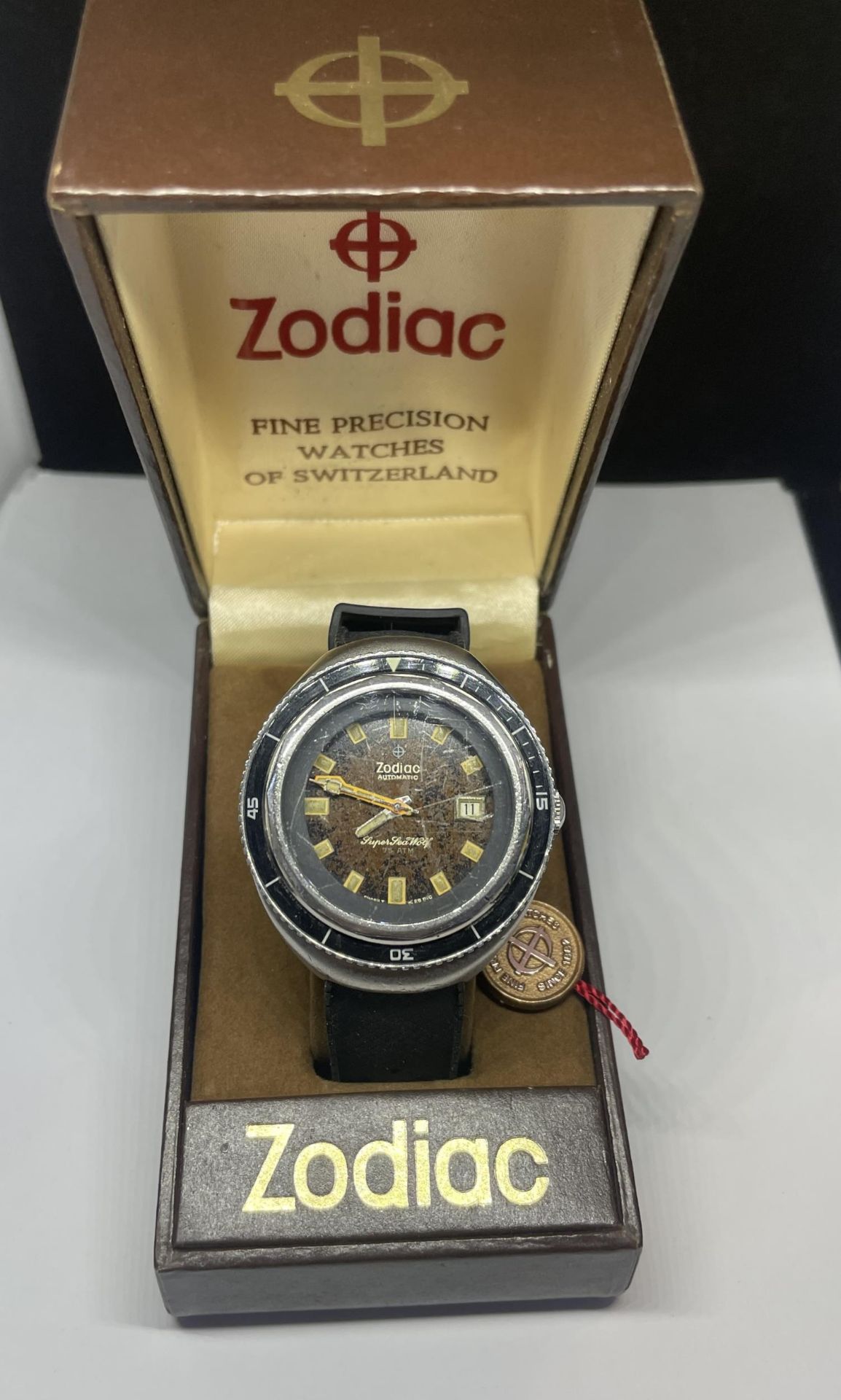 A RARE ZODIAC SUPER SEAWOLF AUTOMATIC WATCH, BOXED WITH TAG, SEEN WORKING BUT NO WARRANTIES GIVEN