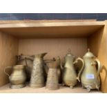 AN ASSORTMENT OF BRASS ITEMS TO INCLUDE COFFEE POTS AND JUGS ETC