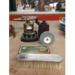 A GROUP OF VINTAGE ITEMS, BRASS HANDHELD BURNER, WESTON AMP ETC