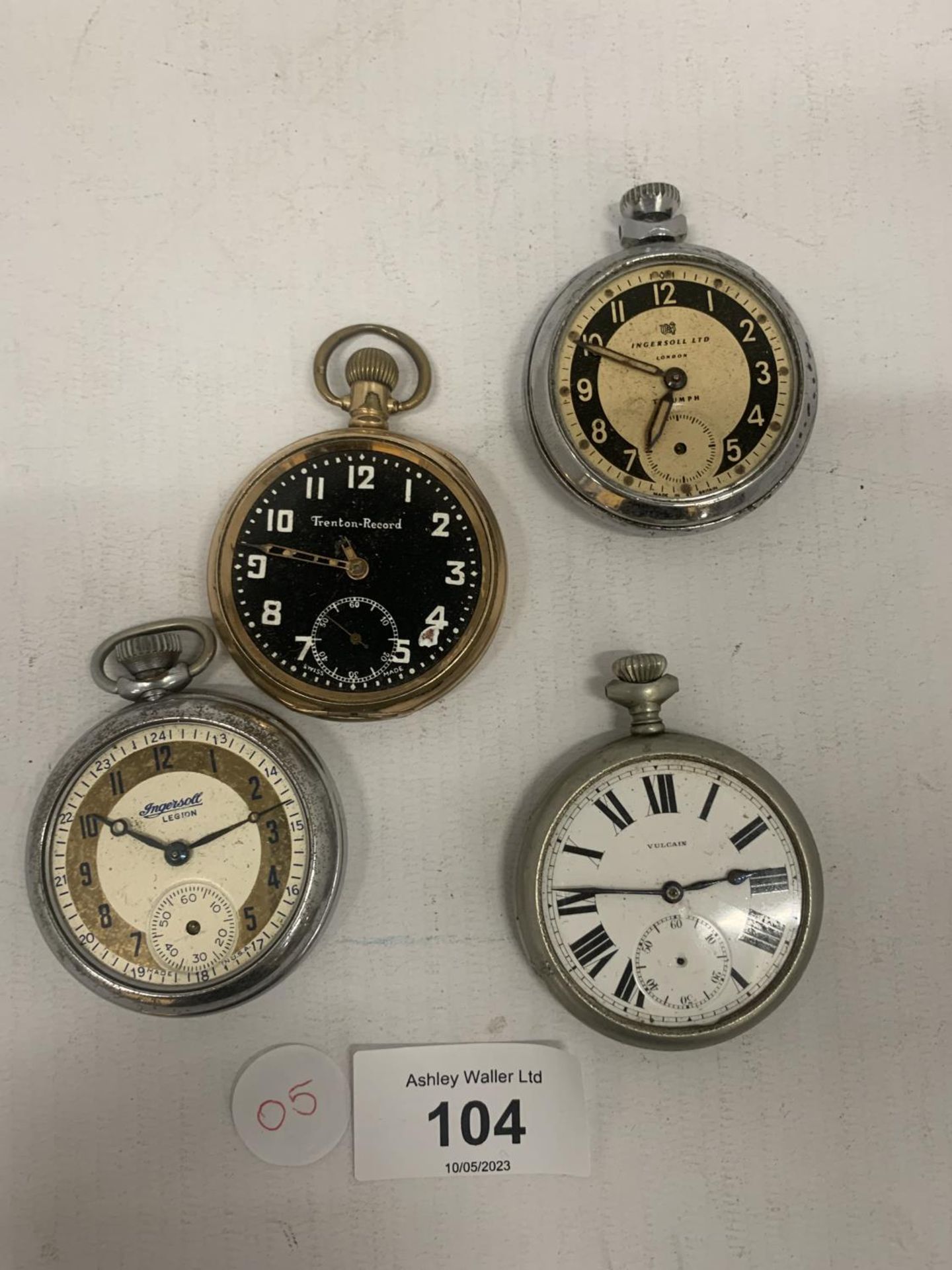 FOUR VINTAGE POCKET WATCHES TO INCLUDE TWO INGERSOLL, A TRENTON-RECORD AND A VULCAIN - FOR SPARES