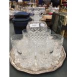 A SILVER PLATED DRINKS TRAY WITH CUT GLASS DECANTER AND WHISKY GLASS SET
