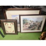 TWO FRAMED PRINTS TO INCLUDE A GREAT WESTERN STEAM ENGINE, 'TILLINGTON FARM' PLUS A TAPESTRY '