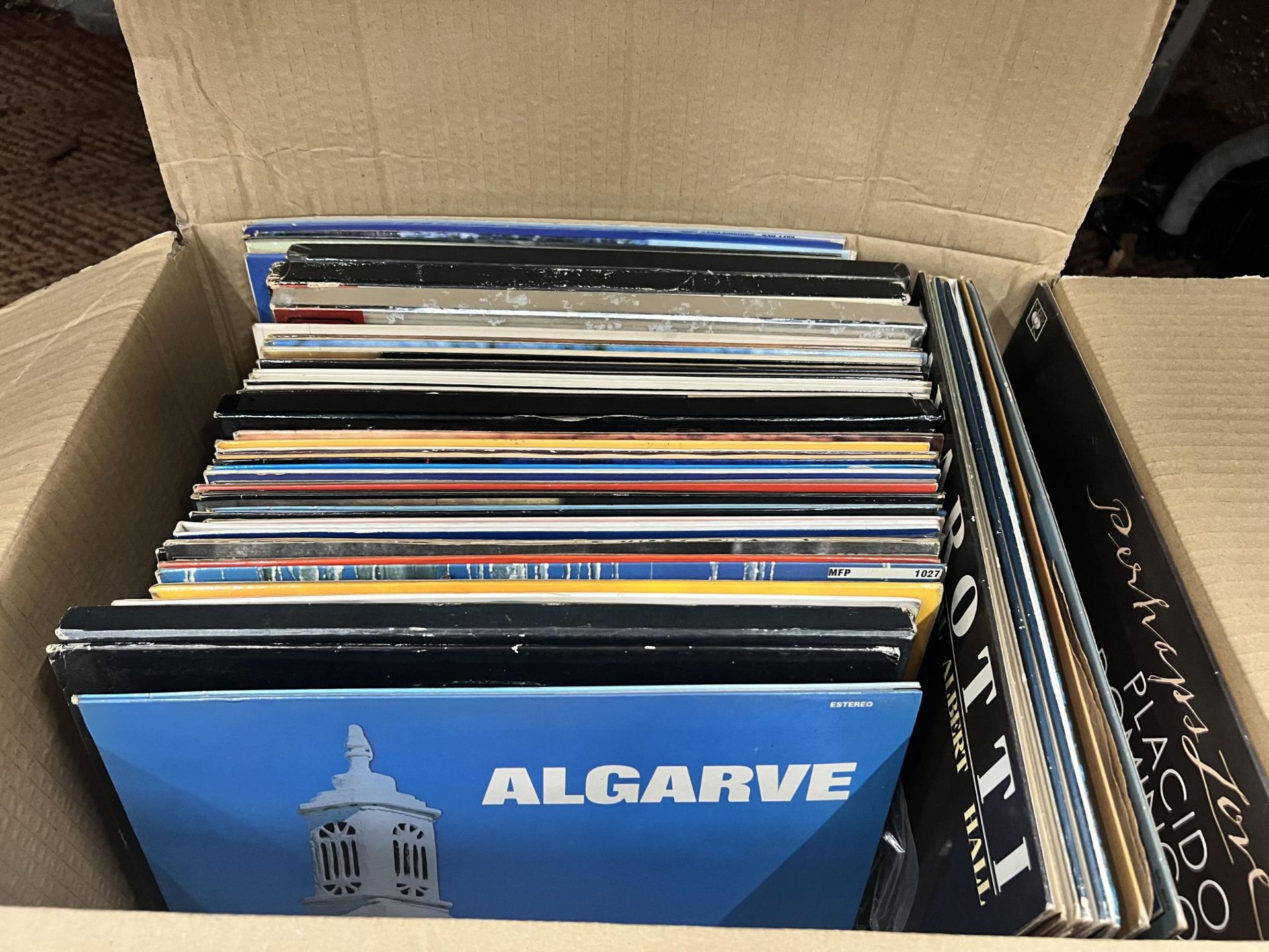 A BOX OF ASSORTED LP RECORDS, CHRISTMAS LPS, PAVAROTTI ETC