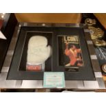 A FRAMED & SIGNED JOHN CONTEH BOXING GLOVE & AUTOBIOGRAPHY BOOK