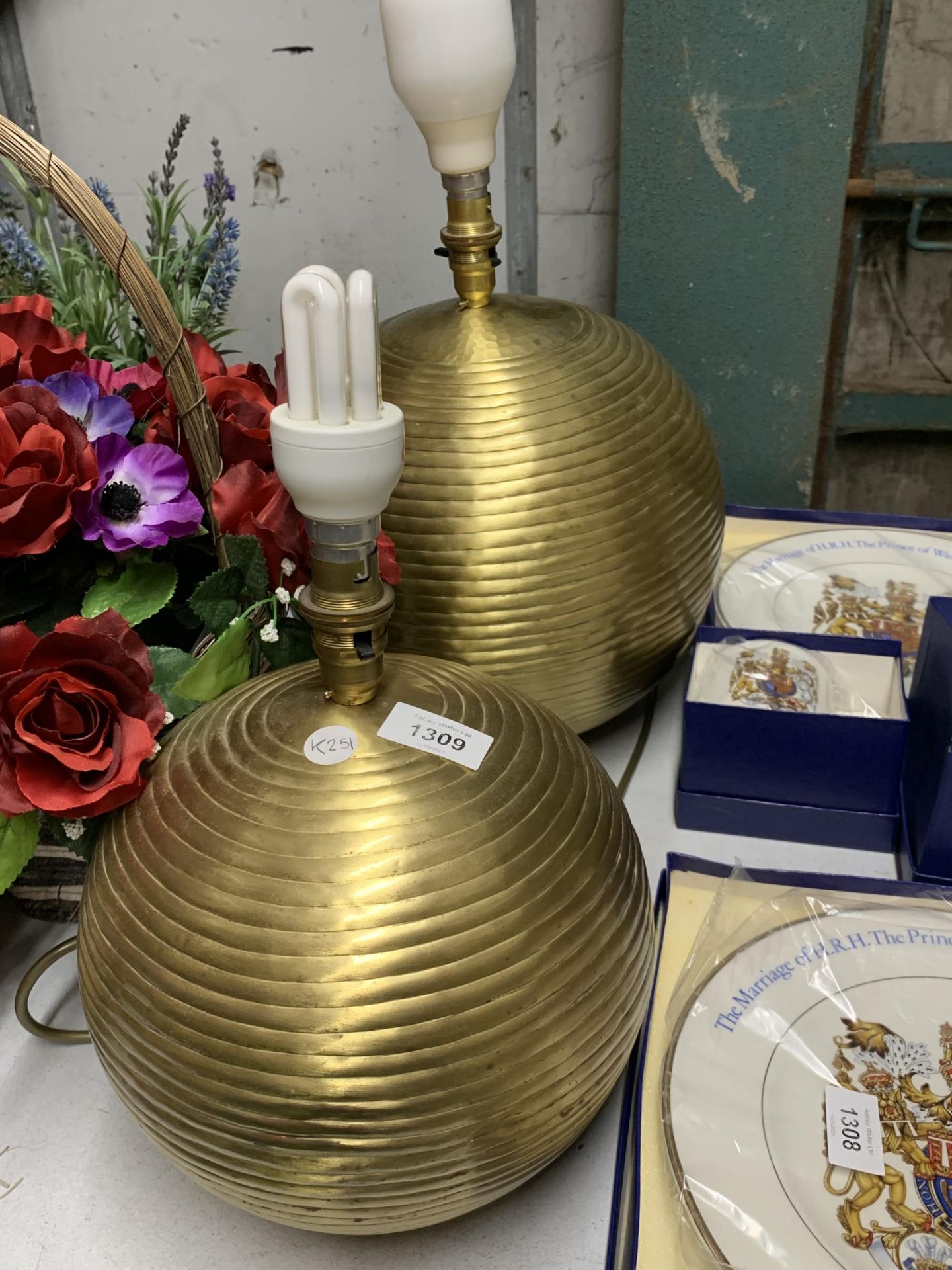 TWO YELLOW METAL BULBOUS TABLE LAMPS