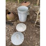 TWO GALVANISED BINS AND A GARDEN BURNER
