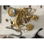 A QUANTITY OF YELLOW METAL COSTUME JEWELLERY TO INCLUDE CHAINS, NECKLACES, RINGS, EARRINGS, ETC