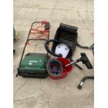 AN ASSORTMENT OF ITEMS TO INCLUDE A QUALCAST LAWN RAKE AND A VACUUM CLEANER ETC