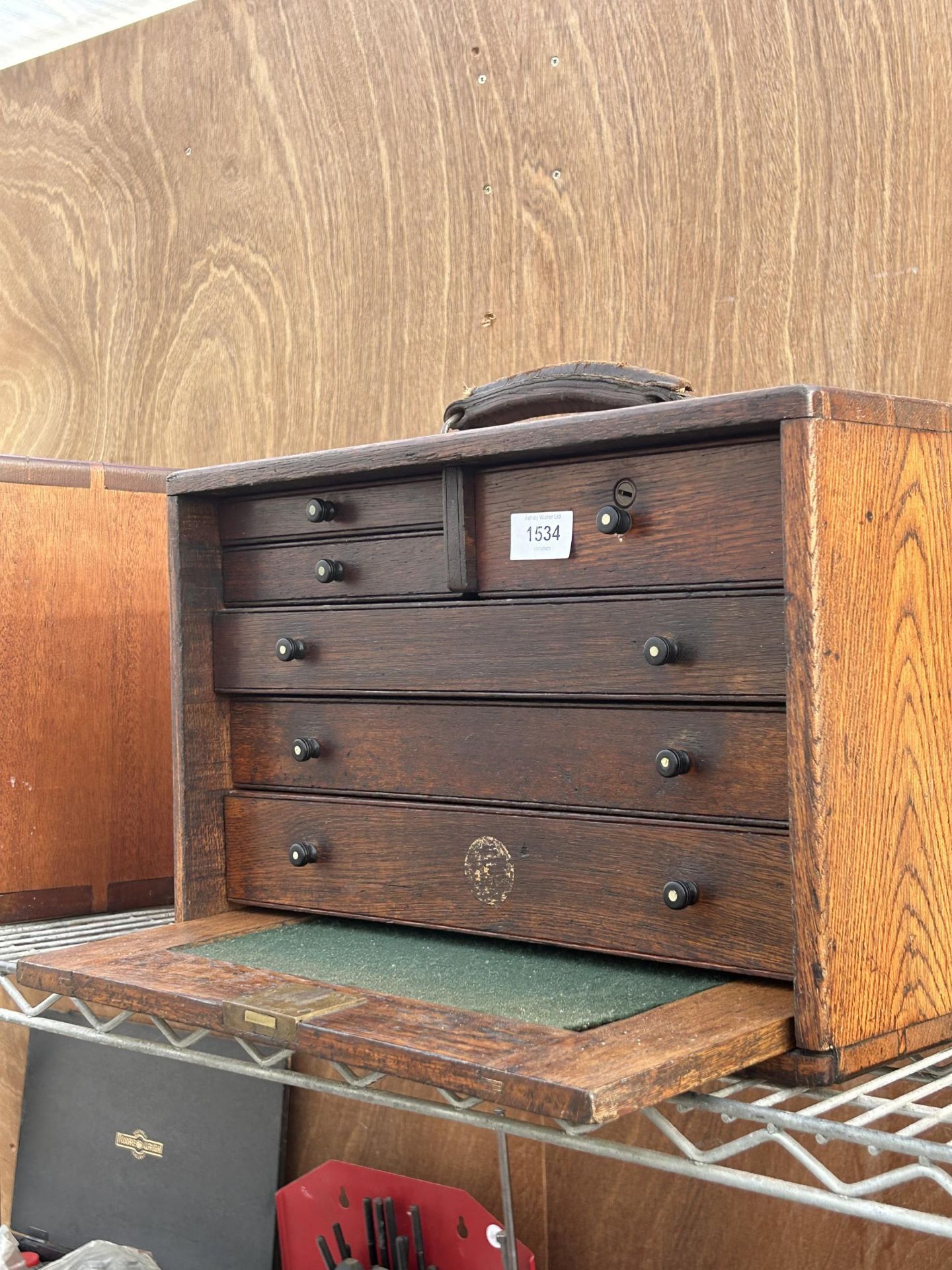 A VINTAGE MINIATURE OAK ENGINEERS CHEST WITH THREE LONG AND THREE SHORT DRAWERS AND A DROP DOWN - Image 2 of 3