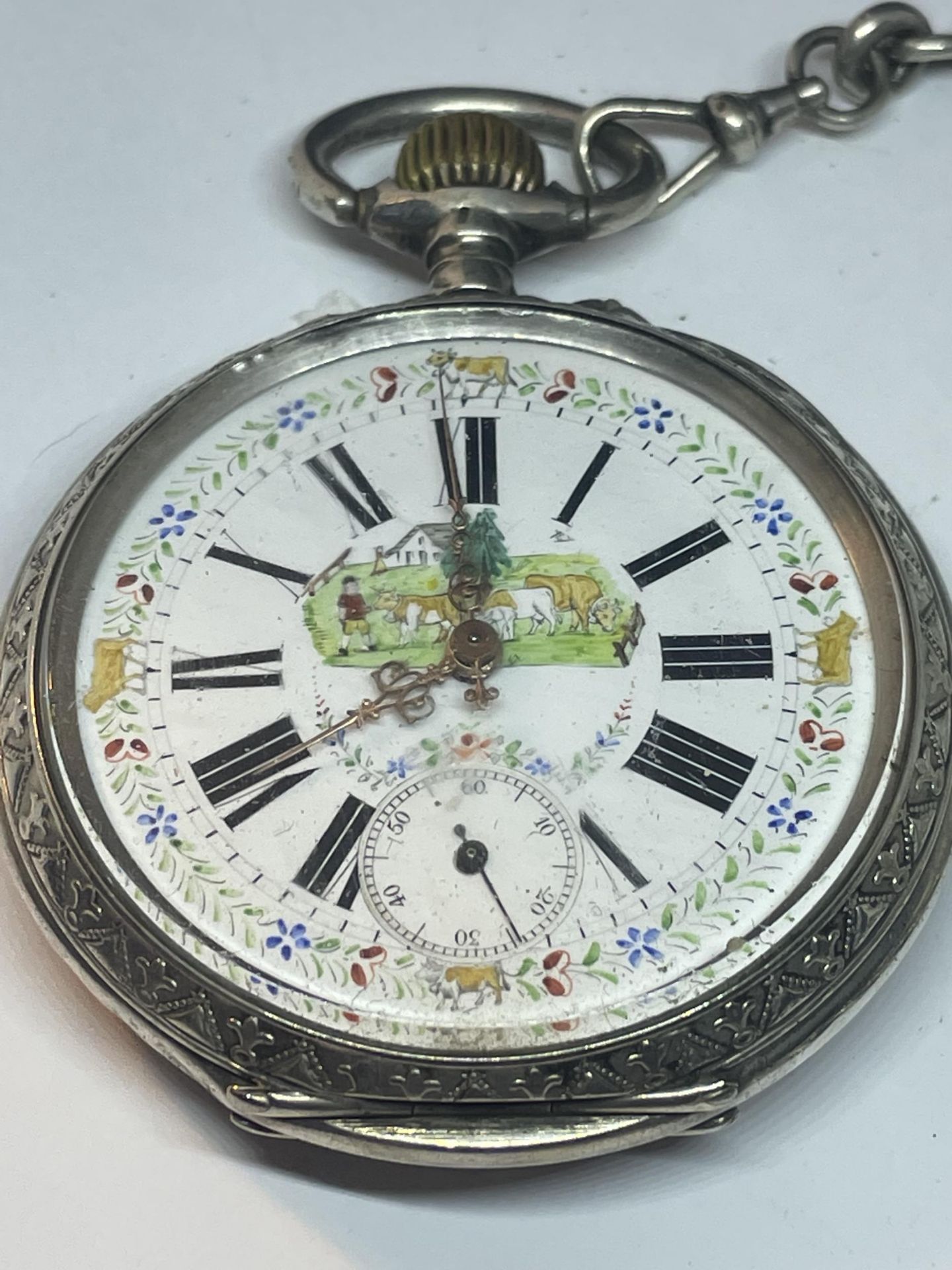 AN ANTIQUE .800 SILVER GOLIATH POCKET WATCH WITH A .830 SILVER CHAIN, SEEN WORKING BUT NO WARRANTIES - Image 2 of 6