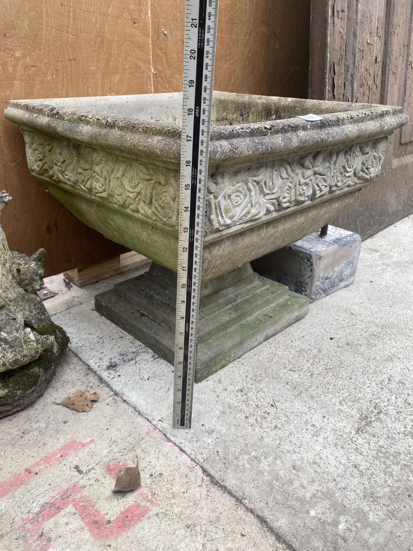 A LARGE SQUARE RECONSTITUTED STONE PLANTER WITH PEDESTAL BASE - Image 2 of 3
