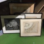 A GROUP OF VINTAGE FRAMED PRINTS TO INCLUDE A MAP OF THE MEDITERRANEAN SEA, RACCOON, PENCIL SIGNED