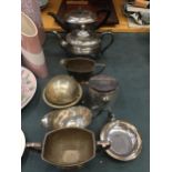 A MIXED GROUP OF SILVER PLATED ITEMS, TEAPOTS ETC