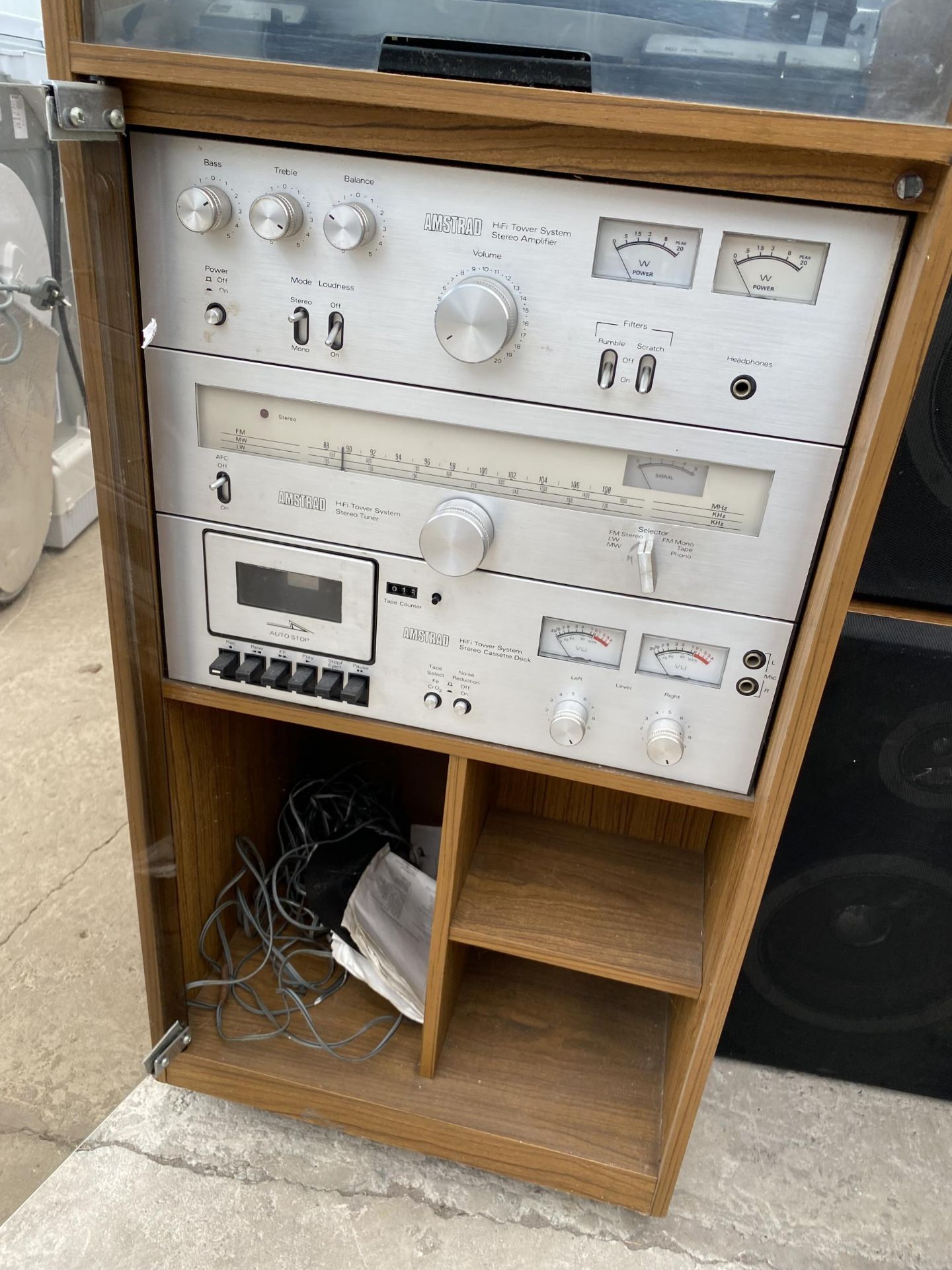 A TEAK RECORD CABINET WITH AN ASSORTMENT OF AMSTRAD STEREO EQUIPMENT AND TWO SPEAKERS - Image 3 of 4