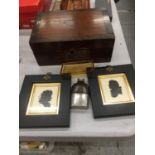 A MIXED LOT TO INCLUDE A VINTAGE BOX, TWO FRAMED SILHOUETTES, A SMALL HIP FLASK AND A GLASS PIN TRAY