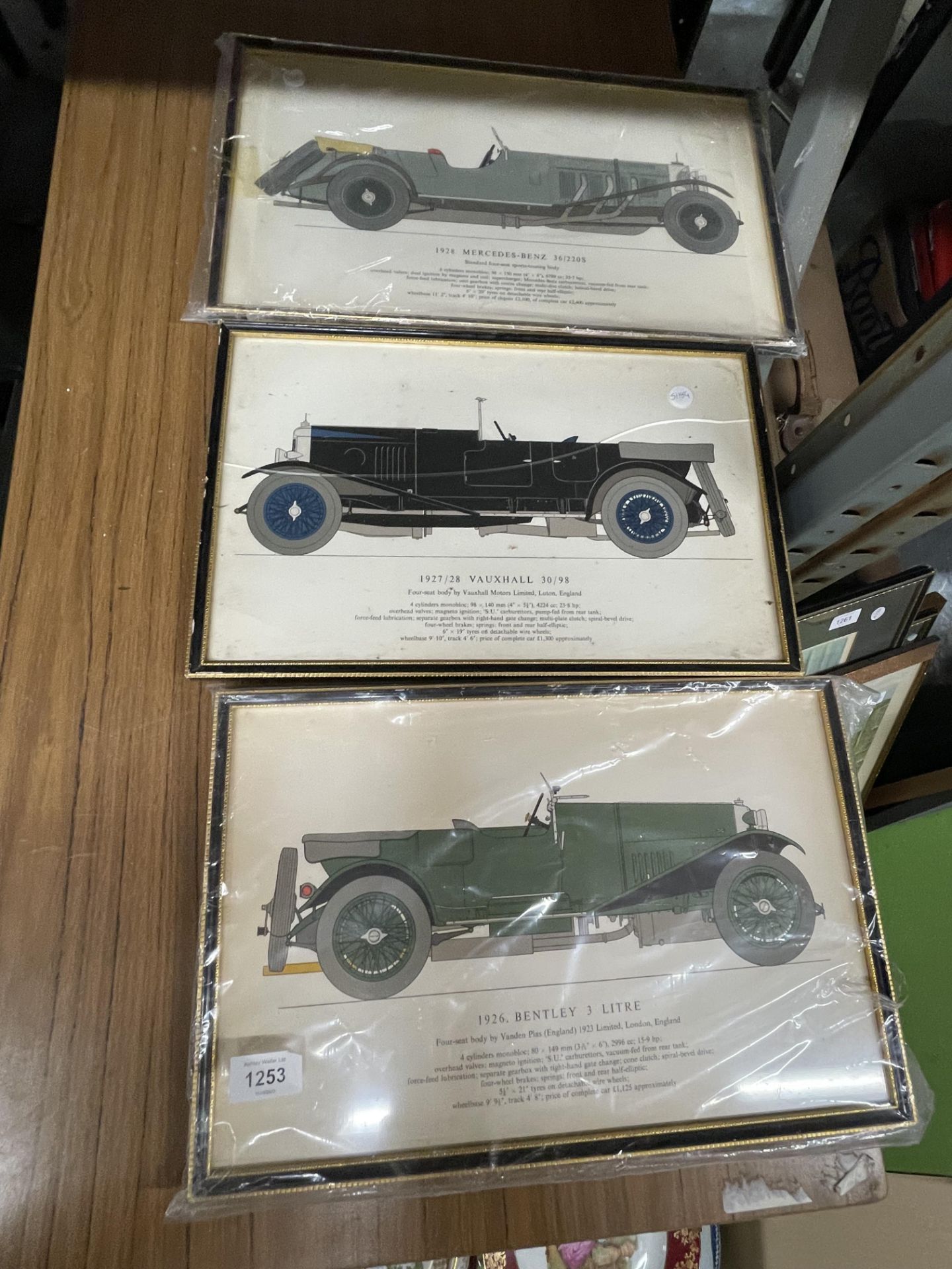 THREE FRAMED PRINTS OF VINTAGE CARS - 1926 BENTLEY 3 LITRE', 1927/28 VAUXHALL 30/98' AND '1928