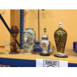 A GROUP OF MODERN ORIENTAL ITEMS - TWO LAMPS, SATSUMA VASE AND CARVED WOODEN LAMP