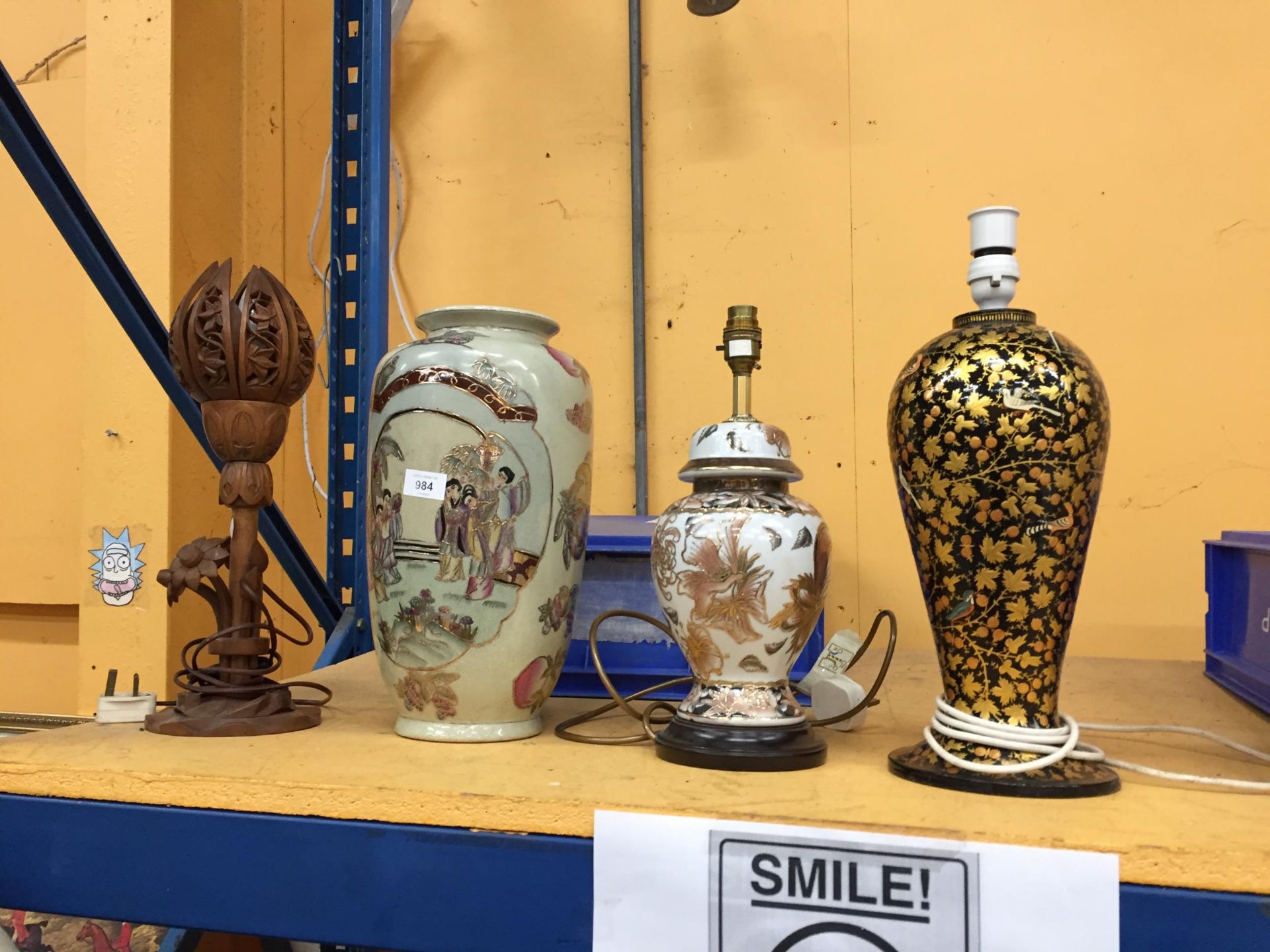 A GROUP OF MODERN ORIENTAL ITEMS - TWO LAMPS, SATSUMA VASE AND CARVED WOODEN LAMP