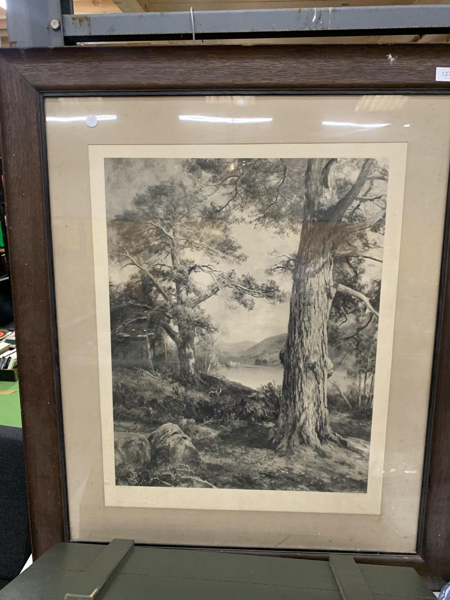A LARGE WOODEN FRAMED VICTORIAN PRINT OF A WOODLAND SCENE 98CM X 82CM