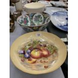 THREE LARGE BOWLS TO INCLUDE AN AYNSLEY ORCHARD FRUIT, AN ORIENTAL ONE WITH CHRYSANTHEMUM DECORATION