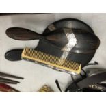A BRUSH, COMB AND HAND MIRROR SET WITH WOODEN BACK AND SILVER DECORATION HALLMARKED FOR LONDON