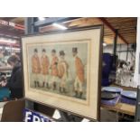 A LARGE 'SPY' FRAMED HUNTING PRINT 'MASTERS MEET' 65CM X 53CM