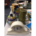 A QUANTITY OF CERAMIC ITEMS TO INCLUDE JUGS, VASES, A SADLER COFFEE POT, MANTLE CLOCK, ETC