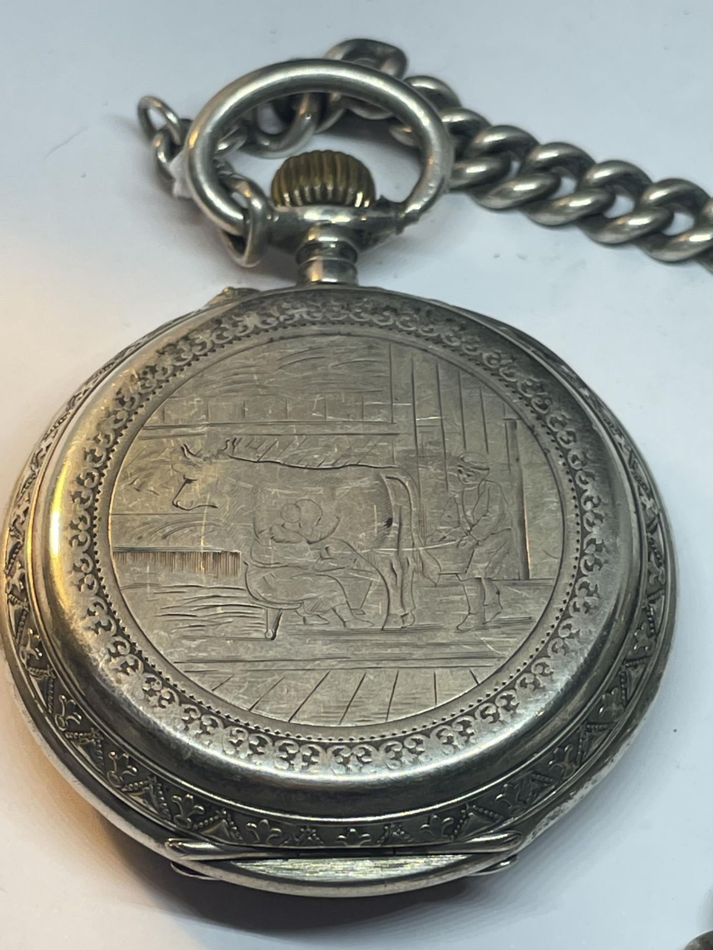 AN ANTIQUE .800 SILVER GOLIATH POCKET WATCH WITH A .830 SILVER CHAIN, SEEN WORKING BUT NO WARRANTIES - Image 3 of 6