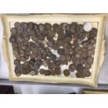 A TRAY CONTAINING A COLLECTION OF PRE-DECIMAL COINS TO INCLUDE PENNIES, THREEPENNY BITS, ETC