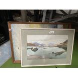 TWO FRAMED PICTURES - WATERCOLOUR OF A LAKE SCENE AND MODERN OIL OF A SAILING BOAT
