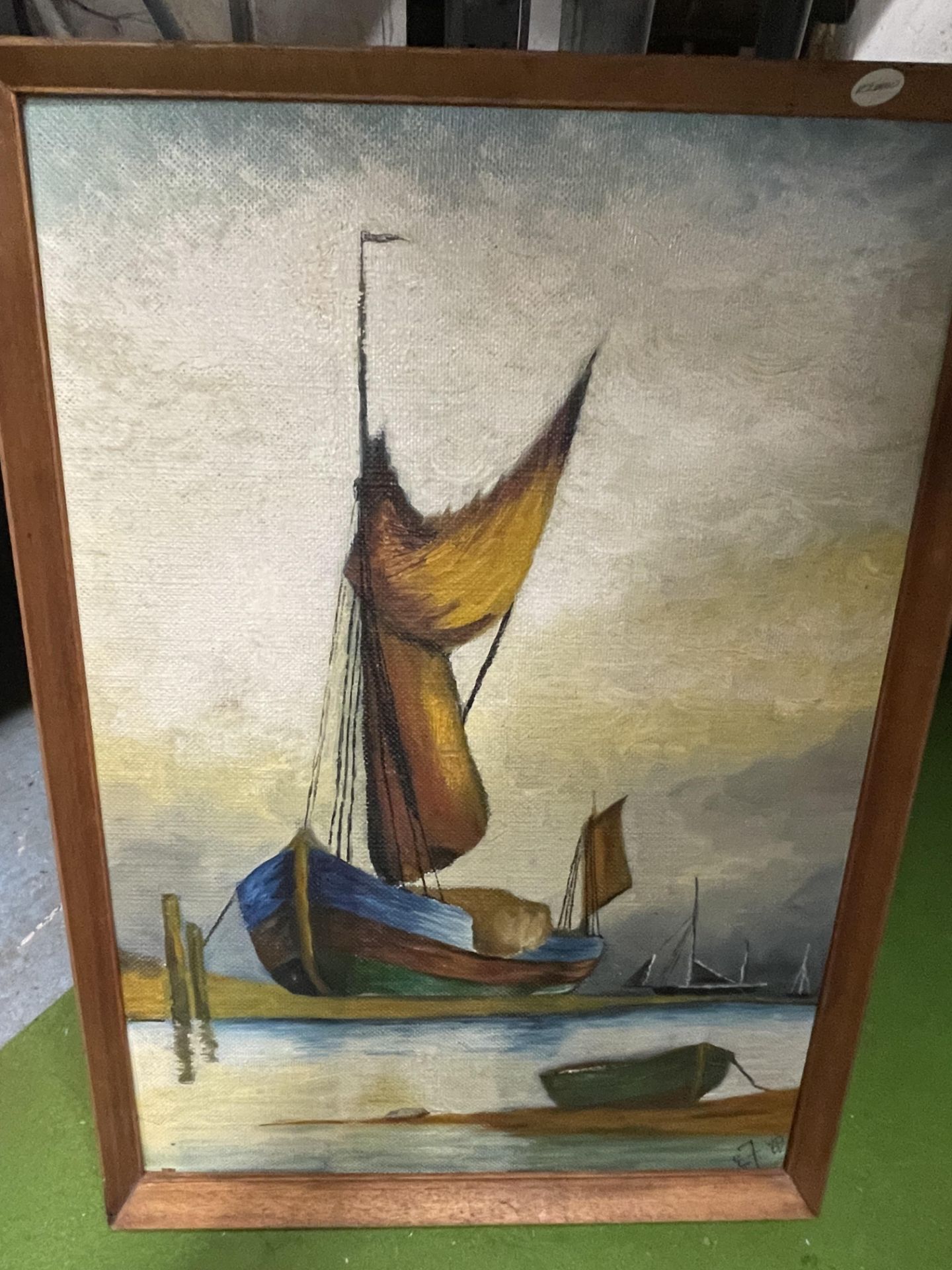 TWO FRAMED PICTURES - WATERCOLOUR OF A LAKE SCENE AND MODERN OIL OF A SAILING BOAT - Image 2 of 2