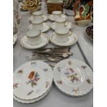 A MIXED GROUP OF ITEMS, GERMAN GILT CUPS AND SAUCERS, EPNS FLATWARE ETC