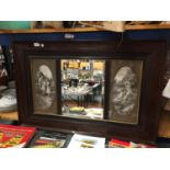 A VINTAGE WOODEN FRAMED TRIPTYCH MIRROR WITH PRINT END PANELS