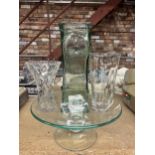 THREE LARGE GLASS VASES PLUS A GLASS CAKE STAND