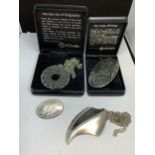 THREE PEWTER ITEMS TO INCLUDE A ST JUSTIN CELTIC STYLE PENDANT AND BROOCH BOTH BOXED, A FURTHER
