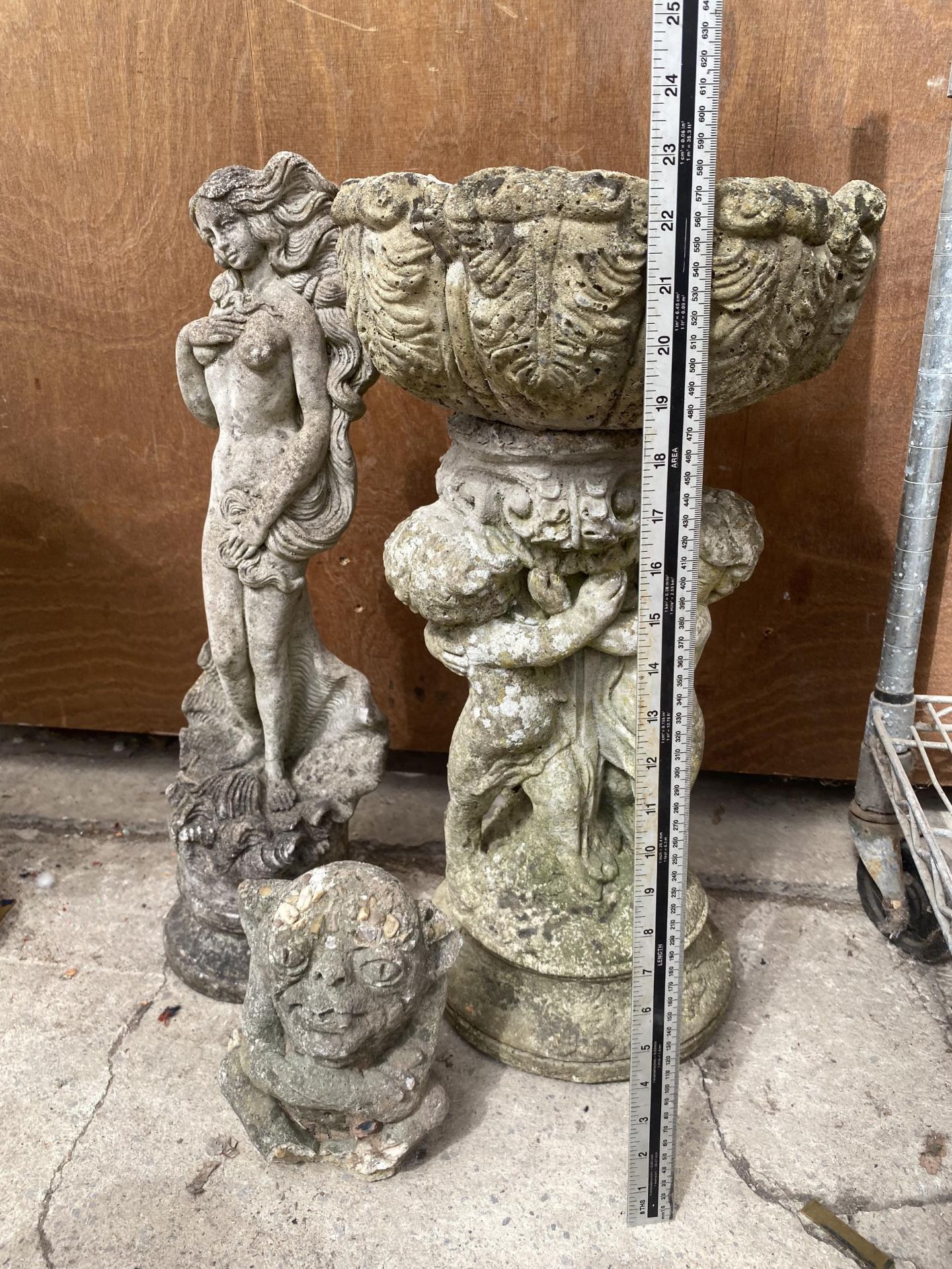 THREE RECONSTITUTED STONE GARDEN FIGURES TO INCLUDE A FEMALE AND A BIRDBATH ETC - Image 3 of 4