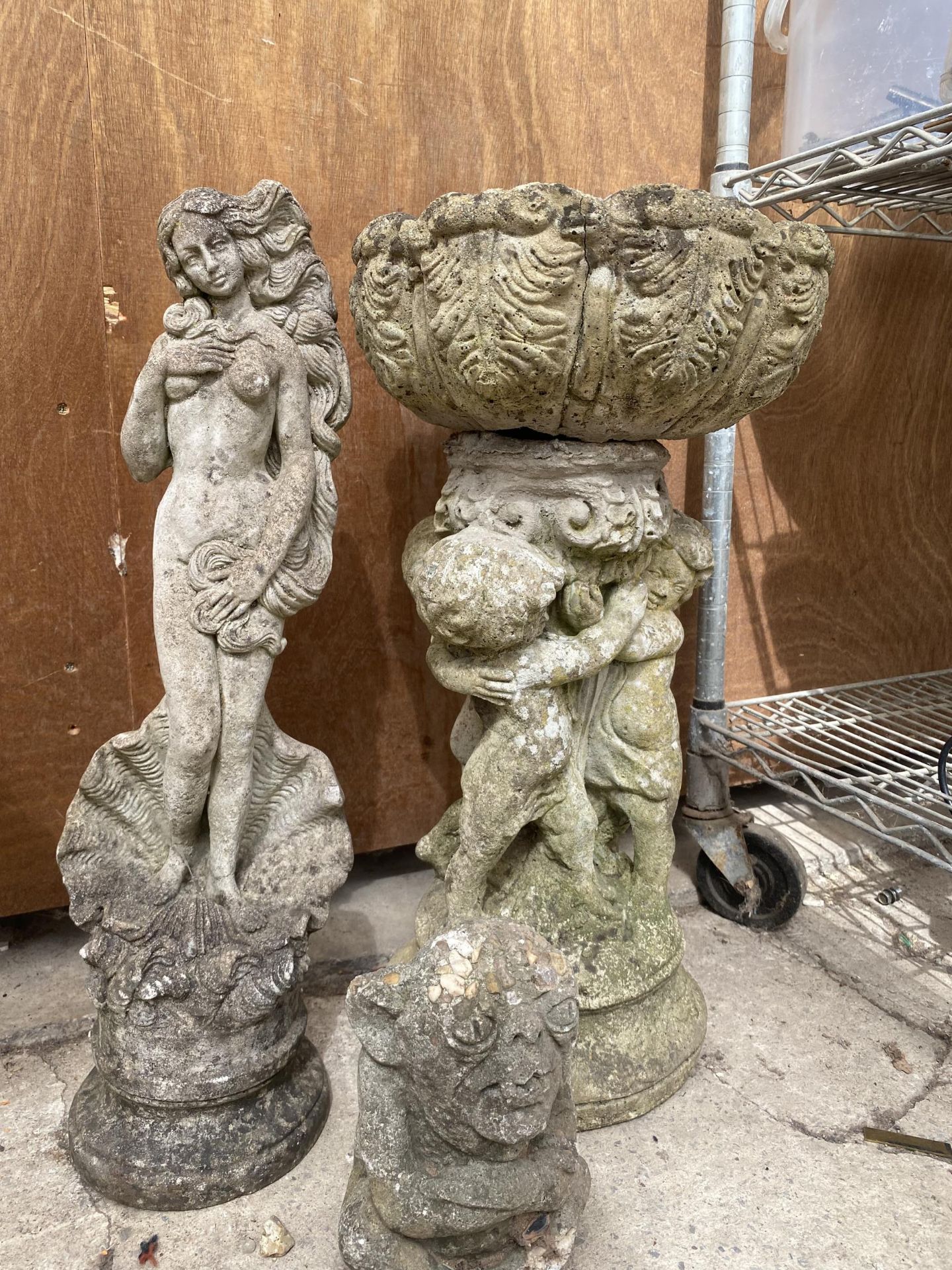 THREE RECONSTITUTED STONE GARDEN FIGURES TO INCLUDE A FEMALE AND A BIRDBATH ETC - Image 2 of 4