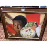 A FRAMED OIL PAINTING OF FRANK BRUNO WITH W.B.C BELT, SIGNED