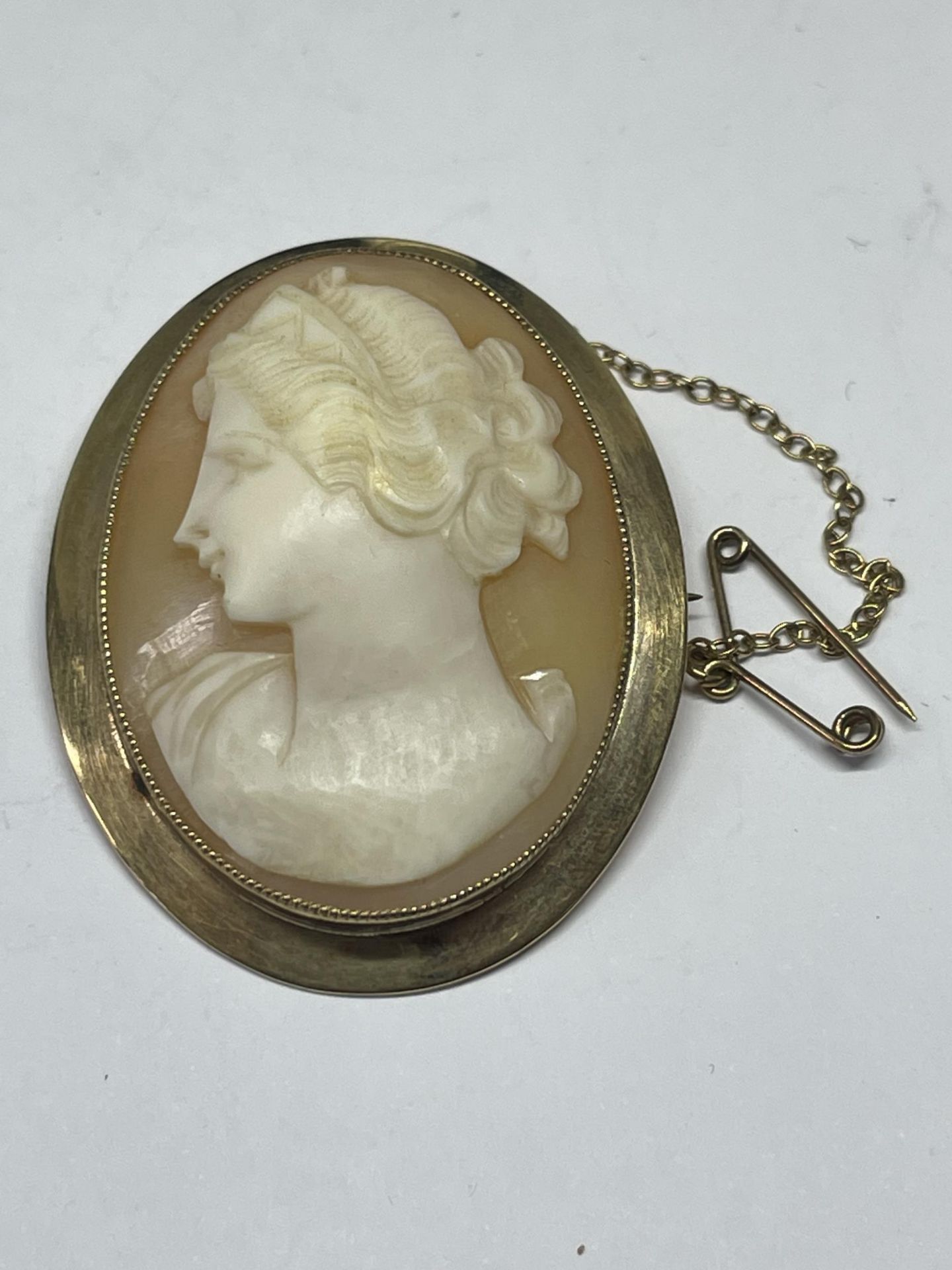 A CAMEO BROOCH WITH A 9 CARAT GOLD SURROUND GROSS WEIGHT 10.1 GRAMS WITH PRESENTATION BOX