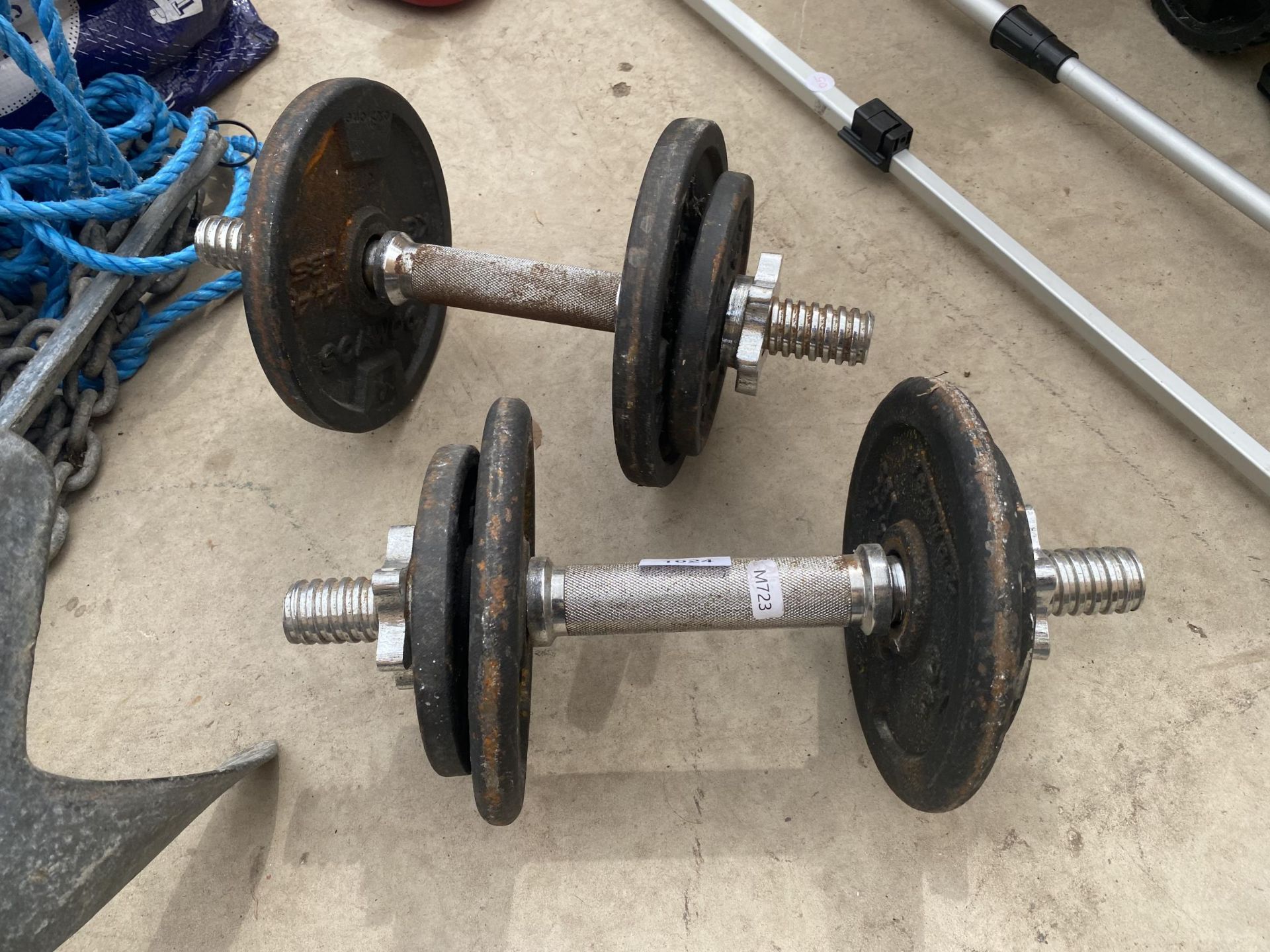 A PAIR OF METAL DUMB BELL WEIGHTS