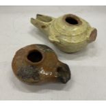 A PAIR OF FATAMID CALIPHATE PERIOD (C.900-1100 AD) GLAZED OIL LAMPS UNEARTHED IN 1926 ARCHAEOLOGICAL