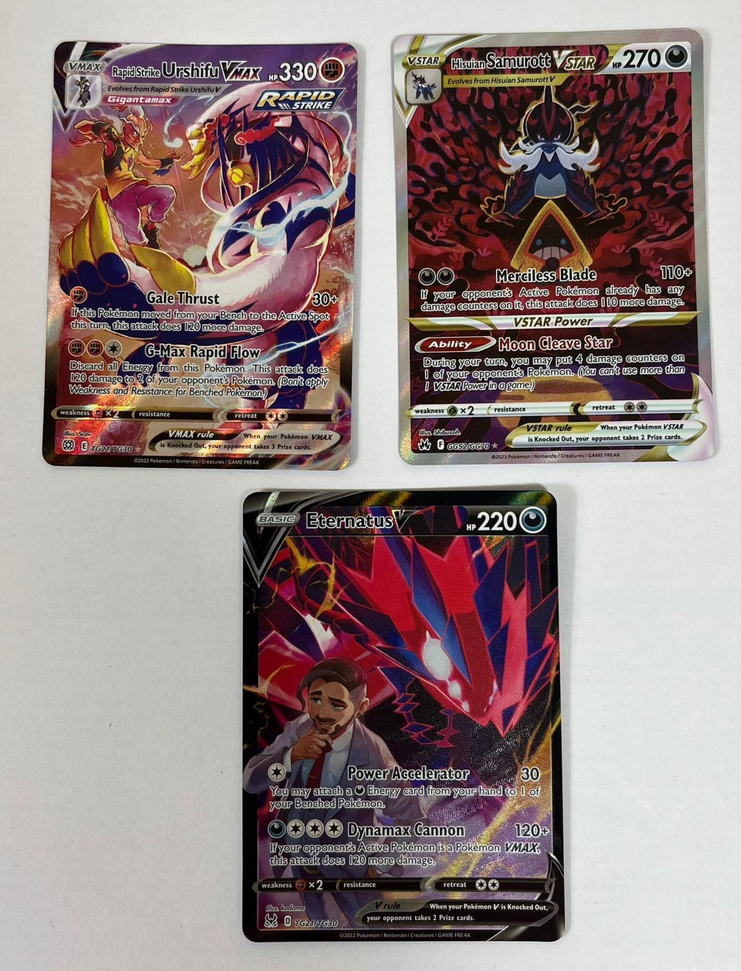 3 X POKEMON CARDS - RAPID STRIKE URSHIFU, SAMUROTT VSTAR AND ETERNATUS V