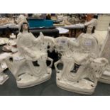 A PAIR OF VINTAGE STAFFORDSHIRE FLATBACK HORSES AND RIDERS, HEIGHT 33CM